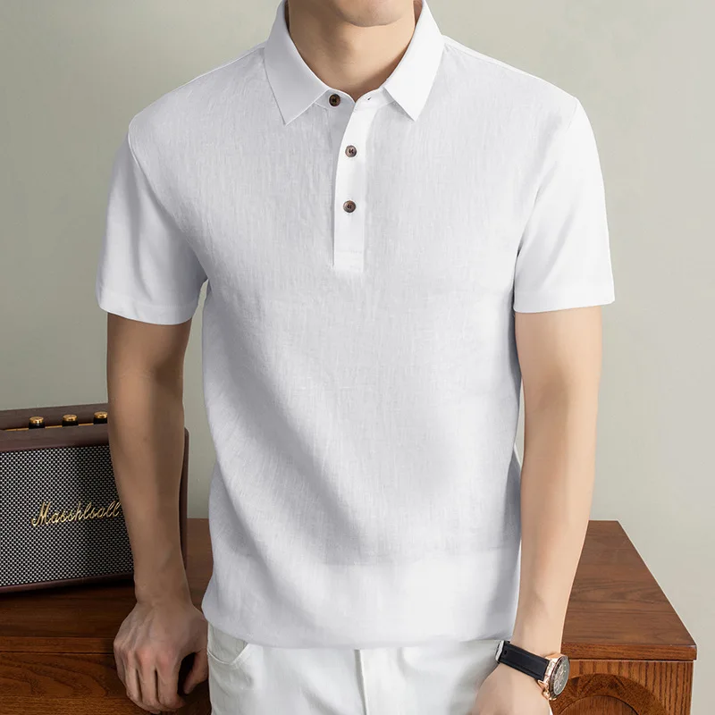 Pure Linen Button-neck Short-sleeved Men's Clothing 2026 Summer New Casual Commuting Solid Color Men's Polo Shirt