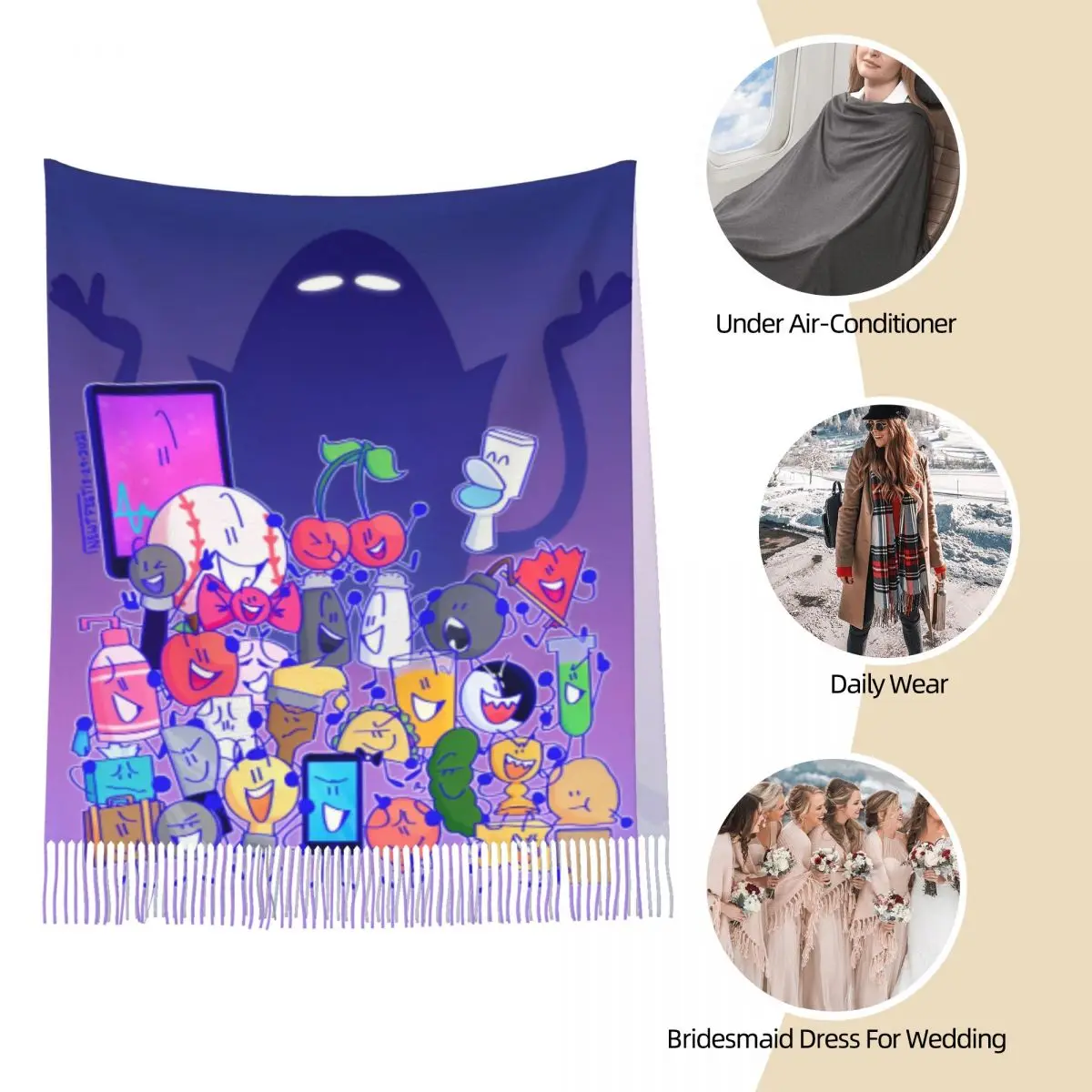 BFDI Inanimate Insanity Cartoon Cachecol para mulheres xales de outono e envoltório batalha para Dream Island Lenço grande xale leve