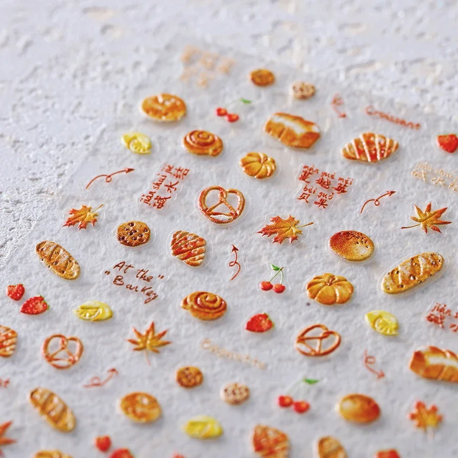 Maple Leaves 5D Nail Art Sticker Toast Croissant Cookies Bagels Reliefs Self Adhesive Strawberry Cherry Bakery Manicure Decal