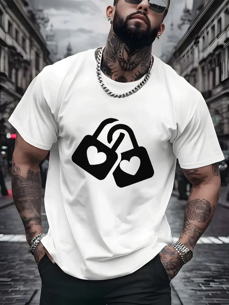 Romantic Minimalist Mens Loose Black Tee Double Heart Lock Linked Pattern Print Breathable Cotton Dating Street Casual Shirts