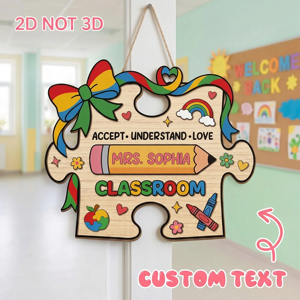 Custom Accept Understand Love Puzzle Wood Plaque,Personalized Special Ed Teacher Hanging Sign,