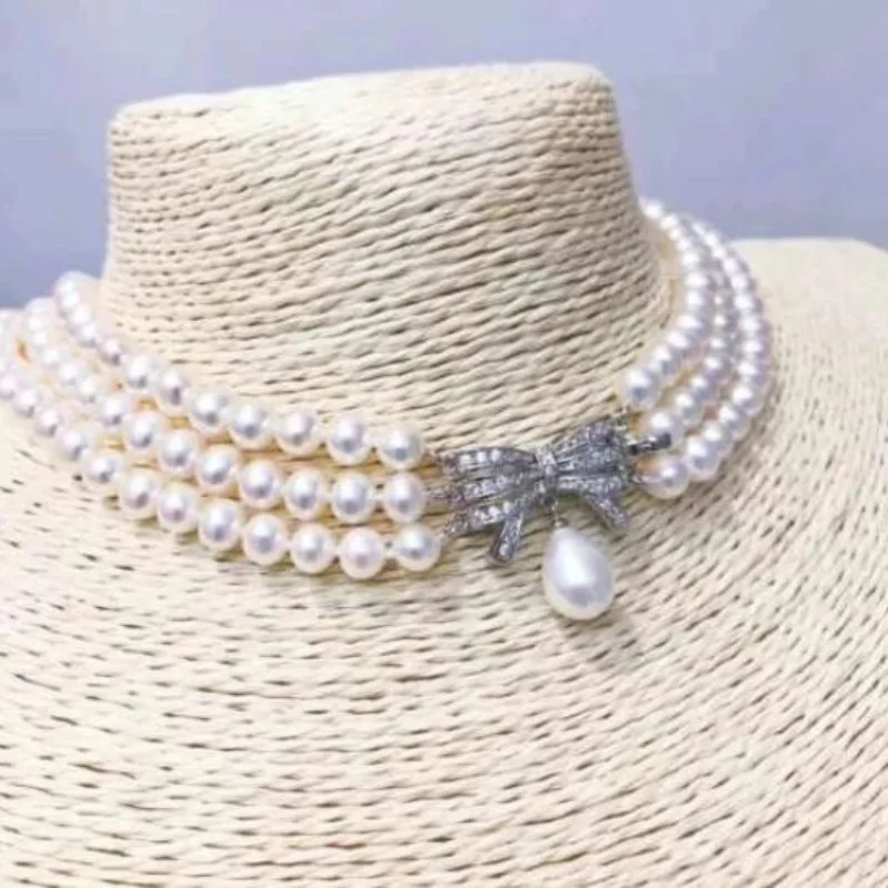 AAA Akoya White Pearl Necklace Three Strands 6-7mm 17/18/19 Inch Length 925 Silver Mounted Elegant Women's Jewelry