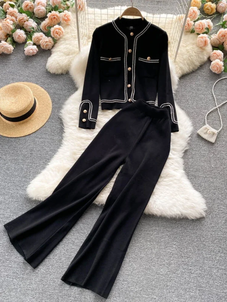 Knitted Two Piece Set Women Autumn Winter Single Breasted Cardigan Top High Waist Wide Leg Pants Vintage Sutis Female Tracksuits