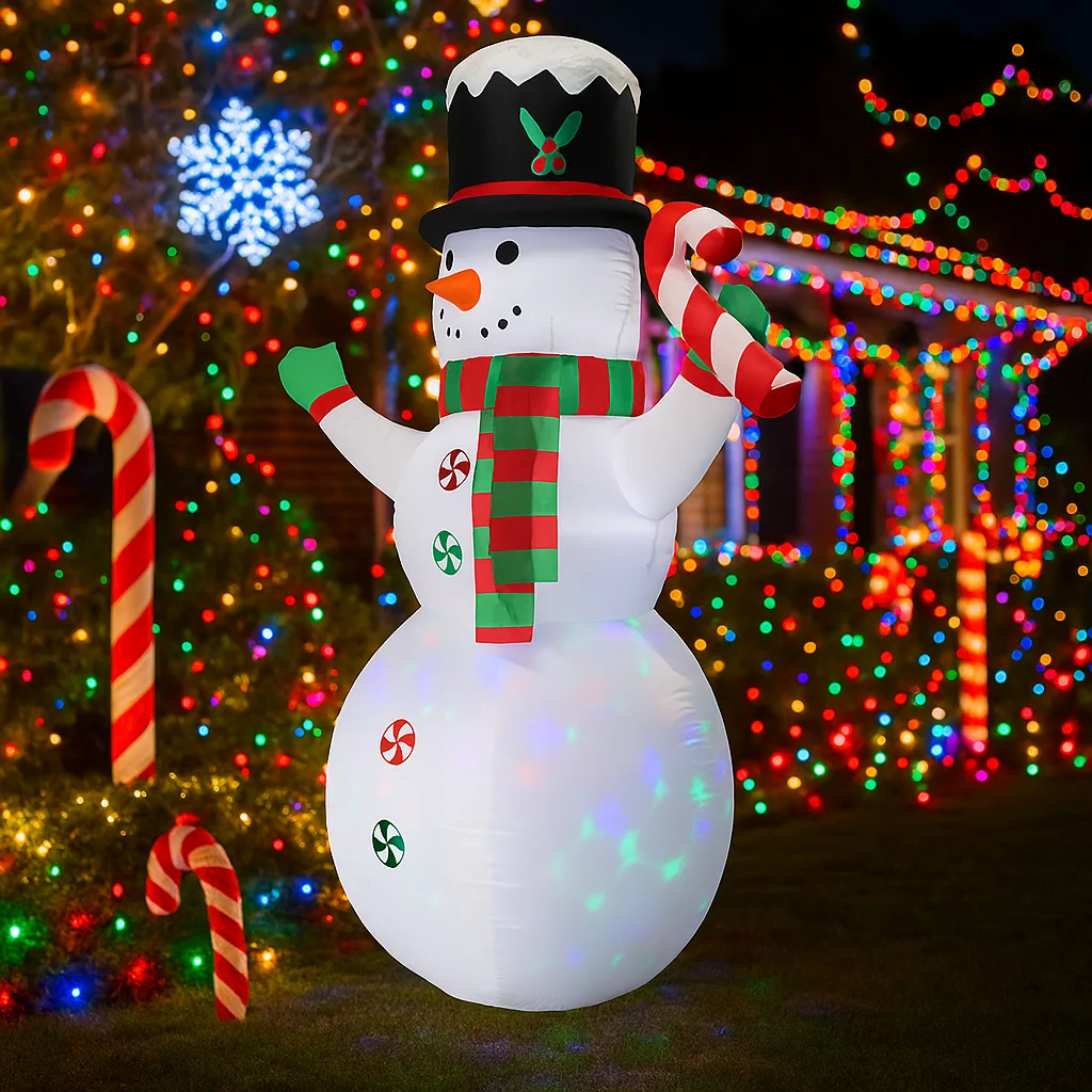 Pupazzo di neve di Natale gonfiabile da 2,4 M / 7,8FT con luci a bastoncino di zucchero Decorazioni per la casa a LED Decorazioni gonfiabili per esterni da giardino