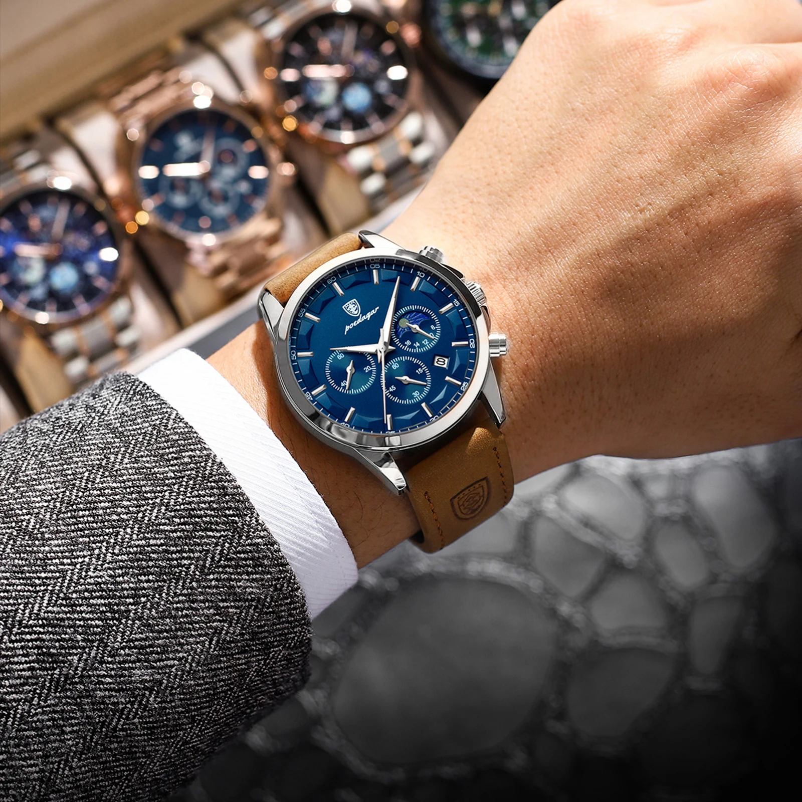 POEDAGAR ساعات رجالية عادية الاتجاه موضة الأصلي ساعة كوارتز للرجل مقاوم للماء حزام من الجلد مضيئة تاريخ كرونوغراف جديد