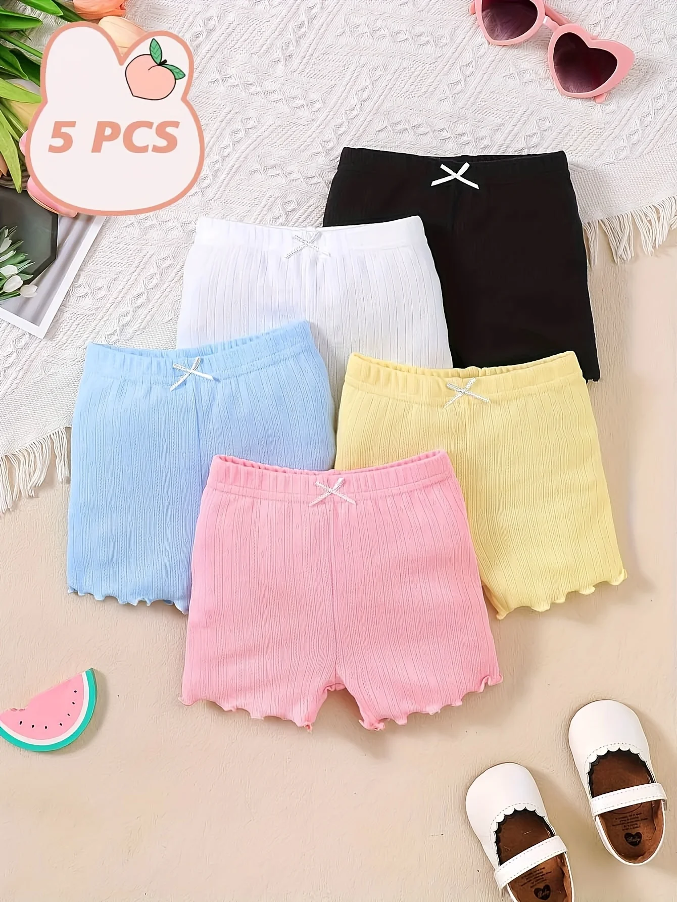 

Летние шорты для девочек, 5 штук в упаковке: однотонные, эластичные, дышащие, с бантом, для повседневной носки, на день рождения и День святого Валентина