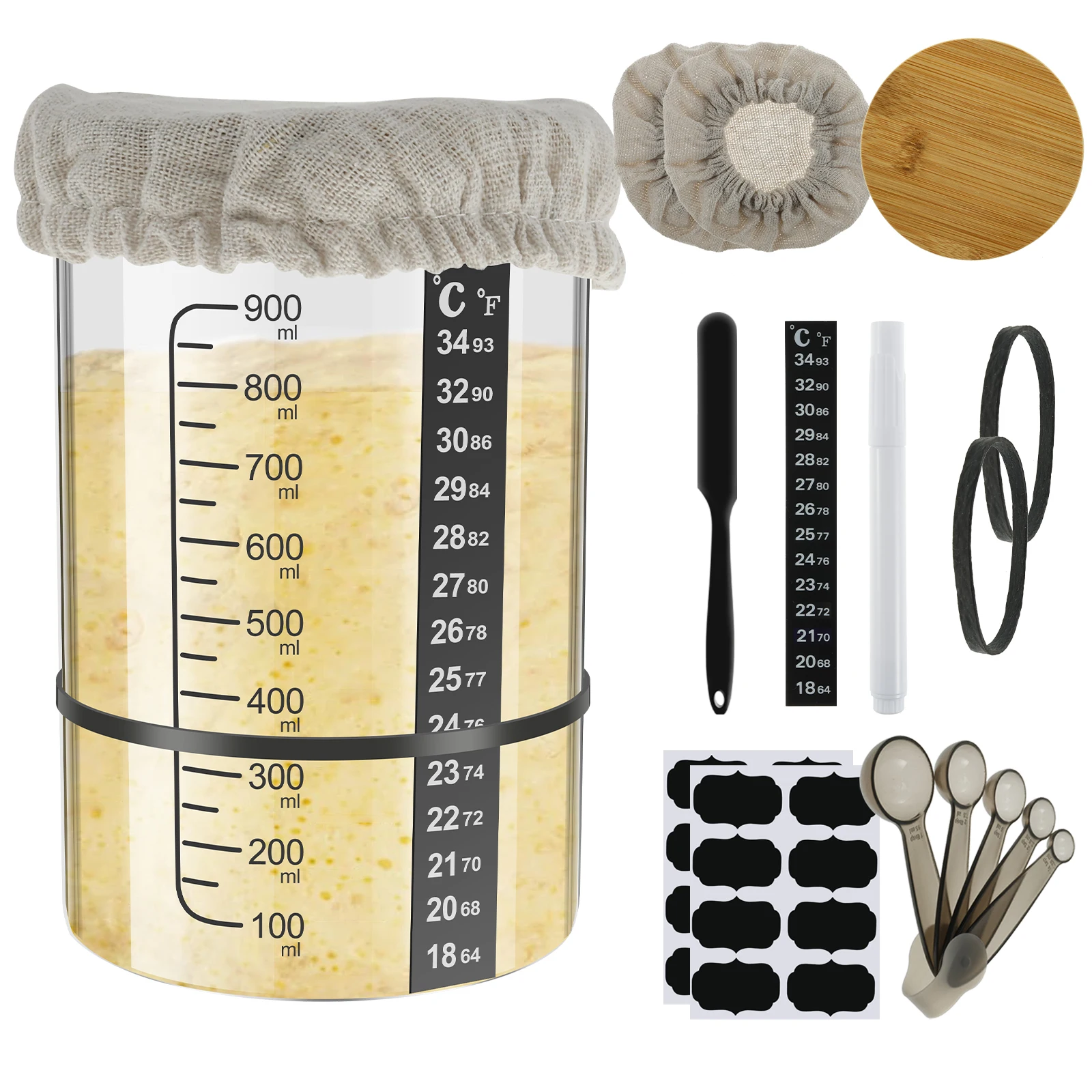 Kit de Tarro para Fermentación de Masa Madre de 900 ml, Recipiente de Vidrio de Boca Ancha para Fermentación de Masa Madre, Herramientas para Hornear Pan