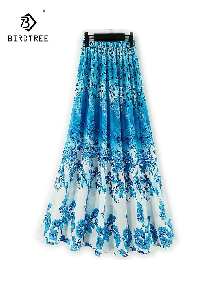 

BirdTree-Silk Double Crepe Elegant Skirts, Elastic High Waist Print, Women Beach Vacation A-line Skirt, 2025 Winter New B5N633CC