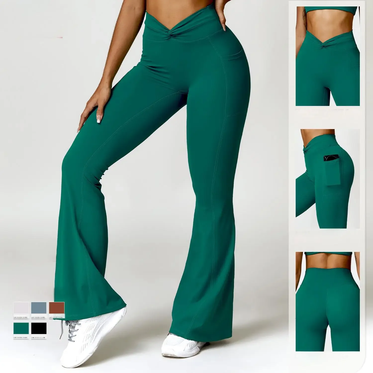 Women Flared Yoga Pants with Pockets High Waist Leggings Bootcut Gym Workout Pants Tummy Control Twisted Waist Active Wear