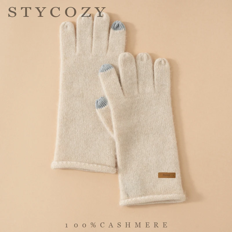 Women Winter 100% Cashmere Knitted Full Finger Gloves Touchscreen Color Contrast Fingertip Roll Cuff Warm Outdoor Hand Warmers