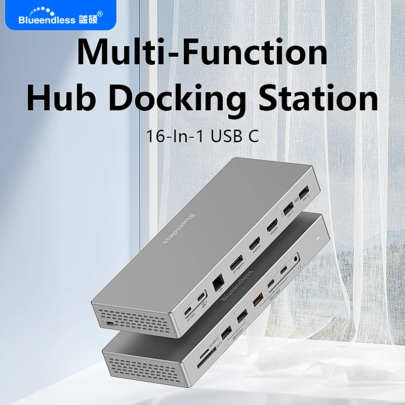 Blueendless 16 In 1 with Triple Monitor 4K Display Type C Hub Docking Station Lan RJ45 Adapter 10Gbps USB 3.2 Hub SD/TF Reader