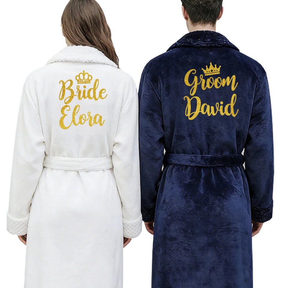 Personalized Name and Date Flannel Bathrobe King and Queen Bathrobes Birthday Party Gift Winter Homewear  Add Any Text Robes