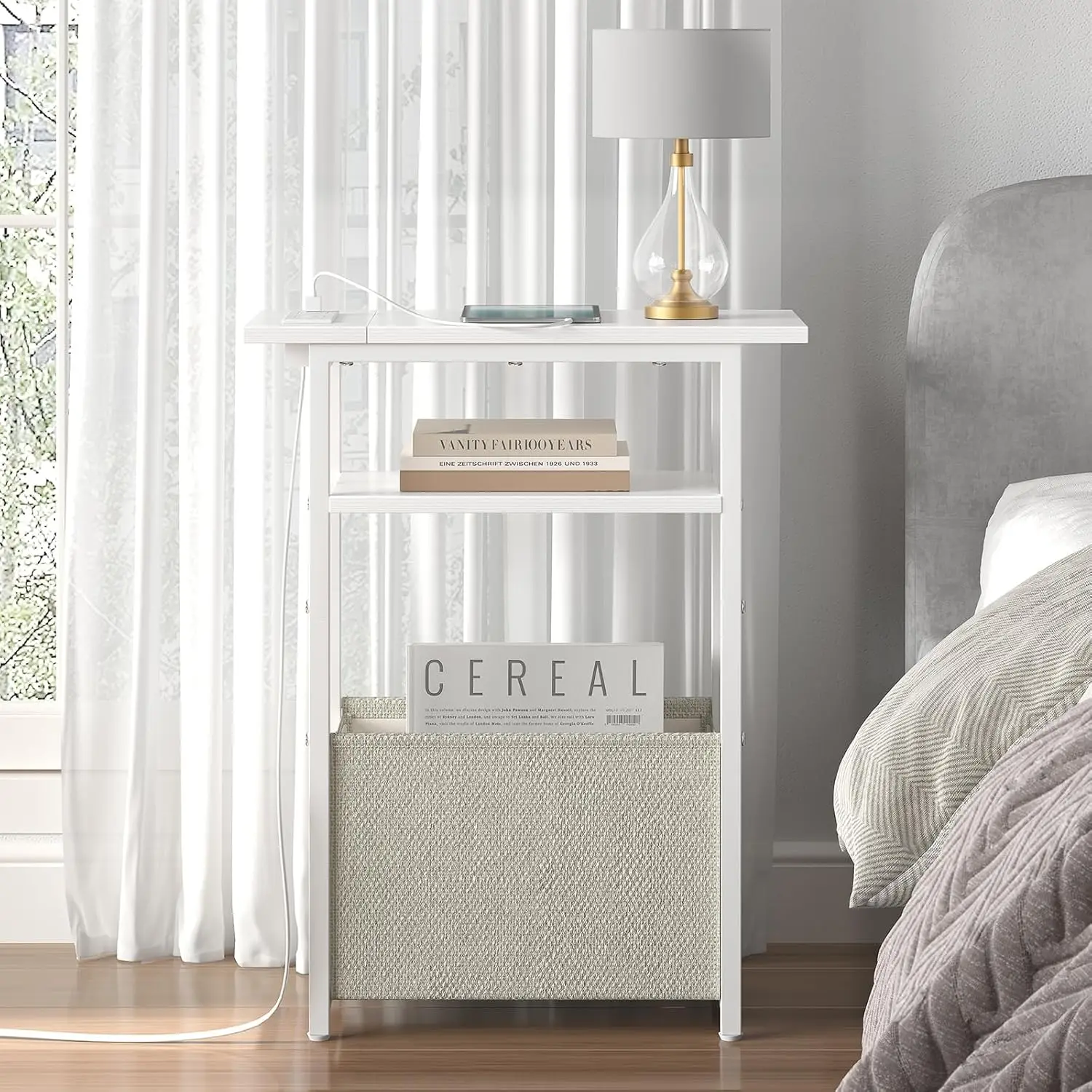 Narrow Side Table with Charging Station Set of 2, Small End Table for Small Spaces, Skinny Nightstands Set 2 with Storage Bas