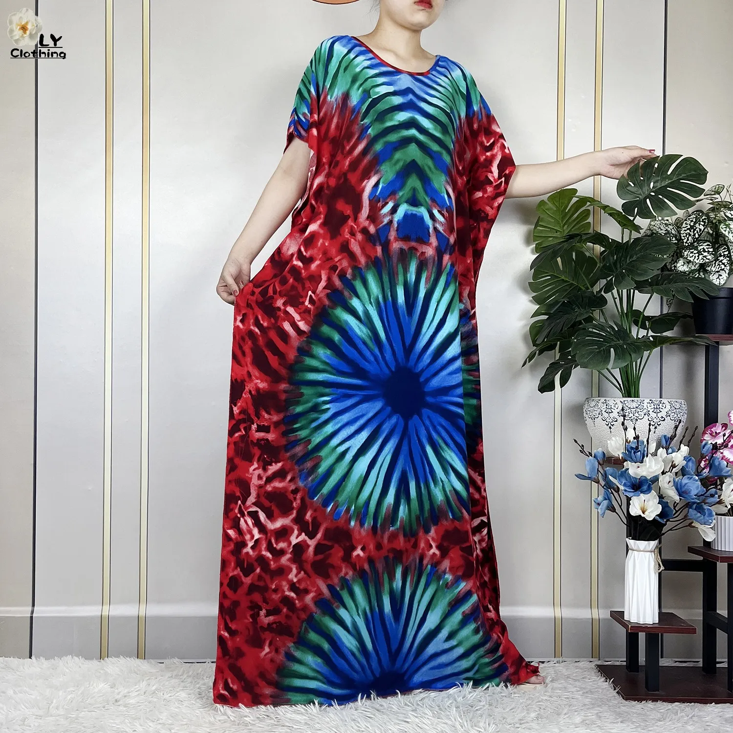 New Fashion Dress Short Sleeve With Big Scarf African Dashiki Printing Tie-dyed Cotton Boubou Maxi Islam Summer Women Loose Robe