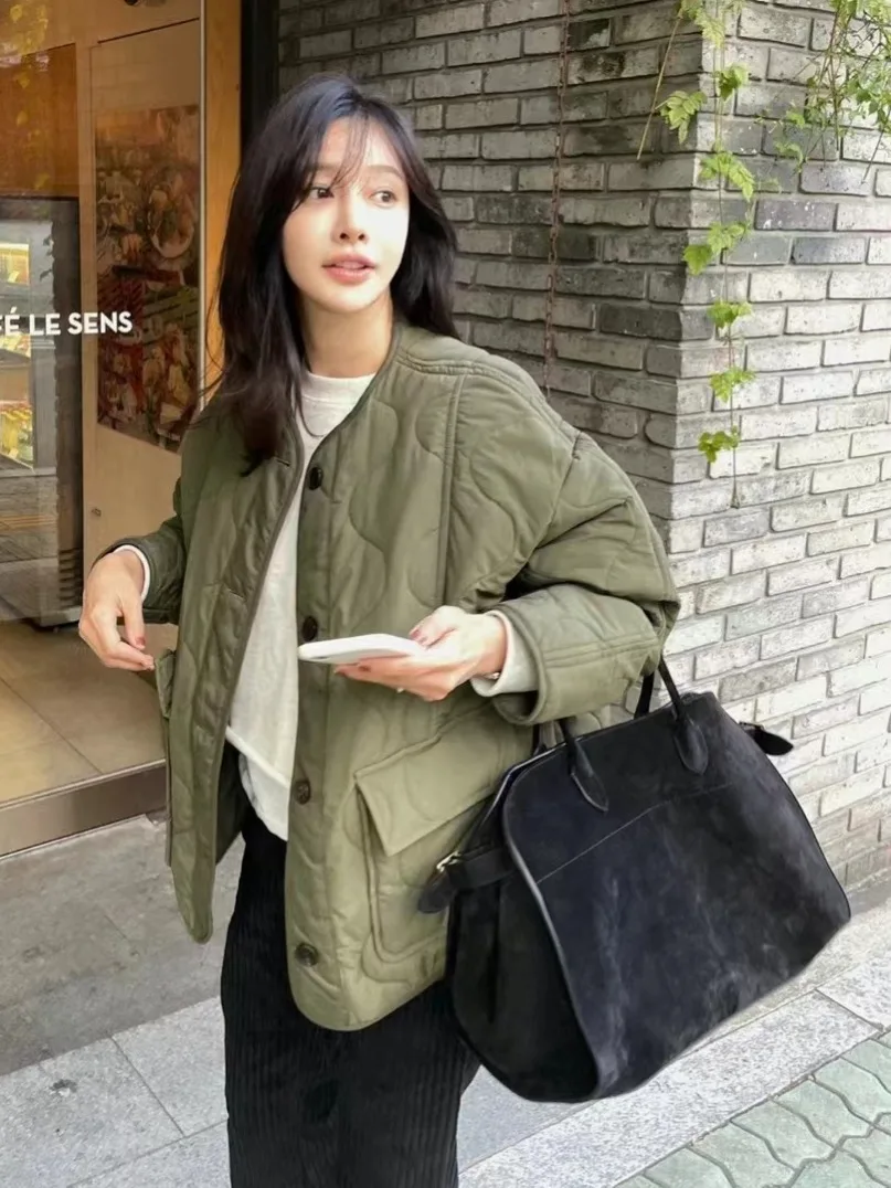 

Loose Cotton Jaet Outerwear with Big kets Slit Wave Design Comfortable Spring Autumn Women's round Ne Long Sve irt