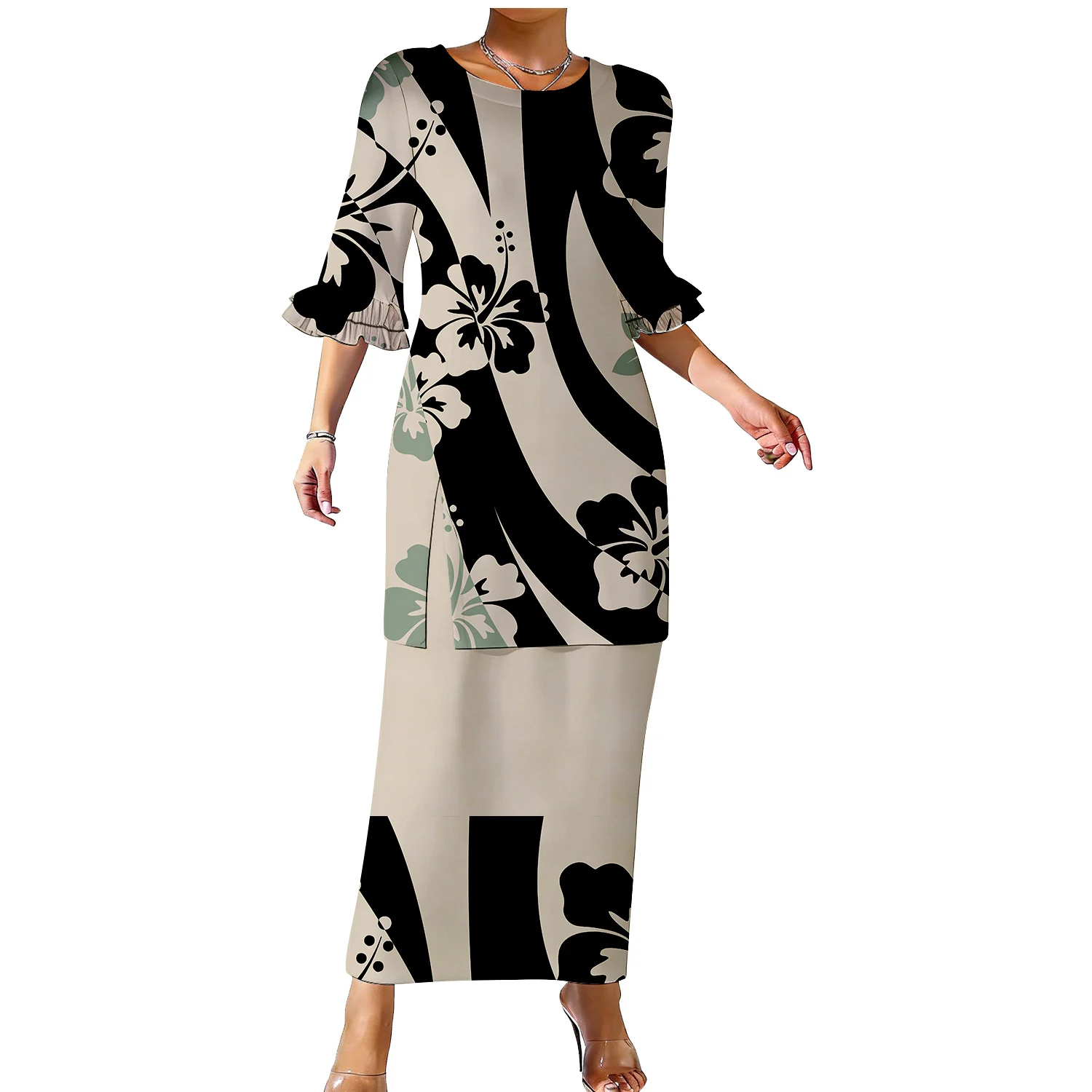 Customized Floral-Print Samoa Women'S Halter Top And Fitted Midi Skirt Set Two-Piece Puletasi Double-Layer Ruffled Sleeves