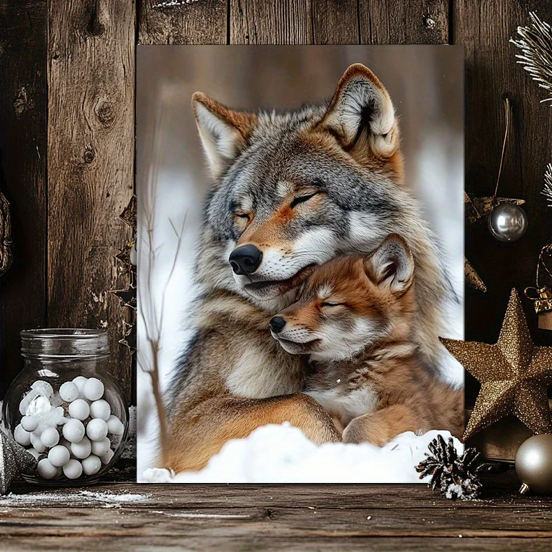 2D Flat, Heartwarming Mother and Cub Wolf Embrace Canvas Art Poster - Frameless Textile Wall Decor, Detailed Snowy Backdrop w