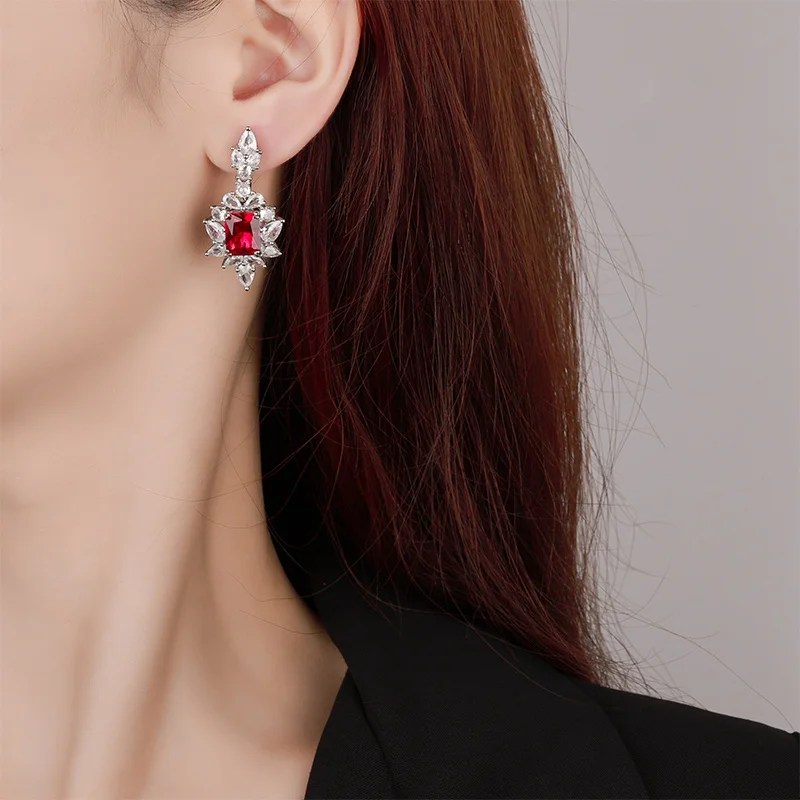 EYIKA Brazil High Quality Copper Rhodium Plated Imitation Red Ruby Flower Drop Earrings Blue Spinel CZ Stud Earrings for Women