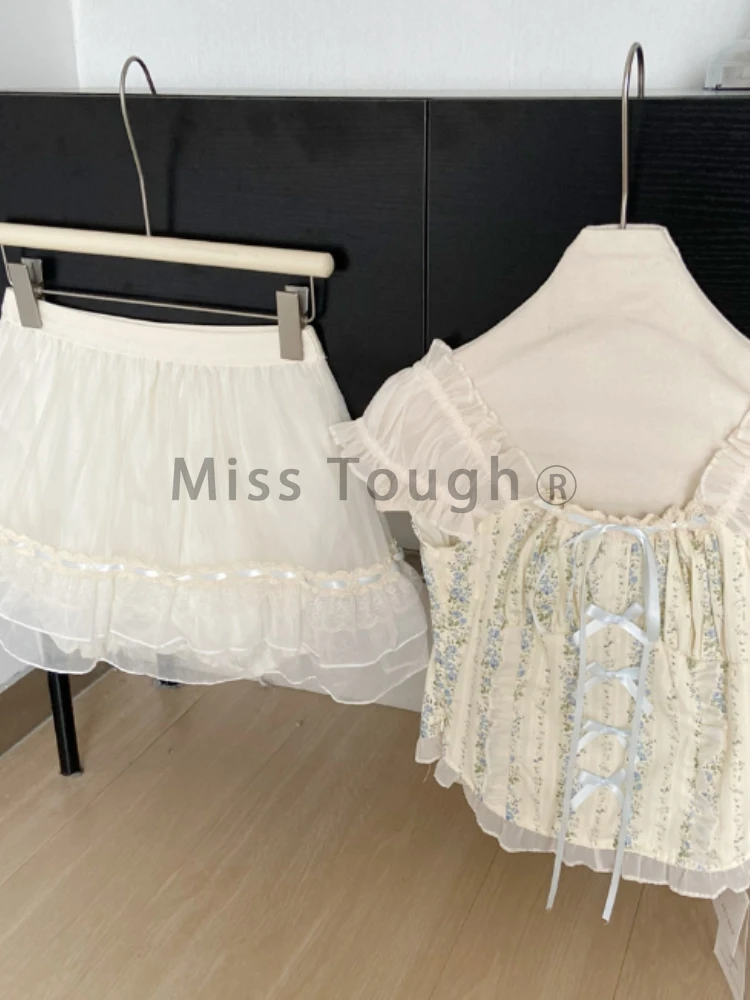 Summer Sweet Slim Square Neck 2 Piece Set Women Design Print Bow Lace Up Short Sleeve Top Female + Fashion Elastic Waist Skirt