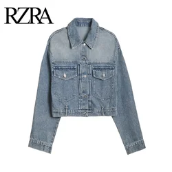 RZRA2024 autumn new women's denim jacket with lapel, long sleeves, cuffs and drooping shoulders, with patch pockets on the chest