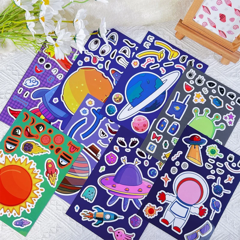 8PCS Face Change Stickers Self-adhesive Decompression Puzzle Stickers Cartoon DIY Kids Enlightenment Cognitive Learning Stickers