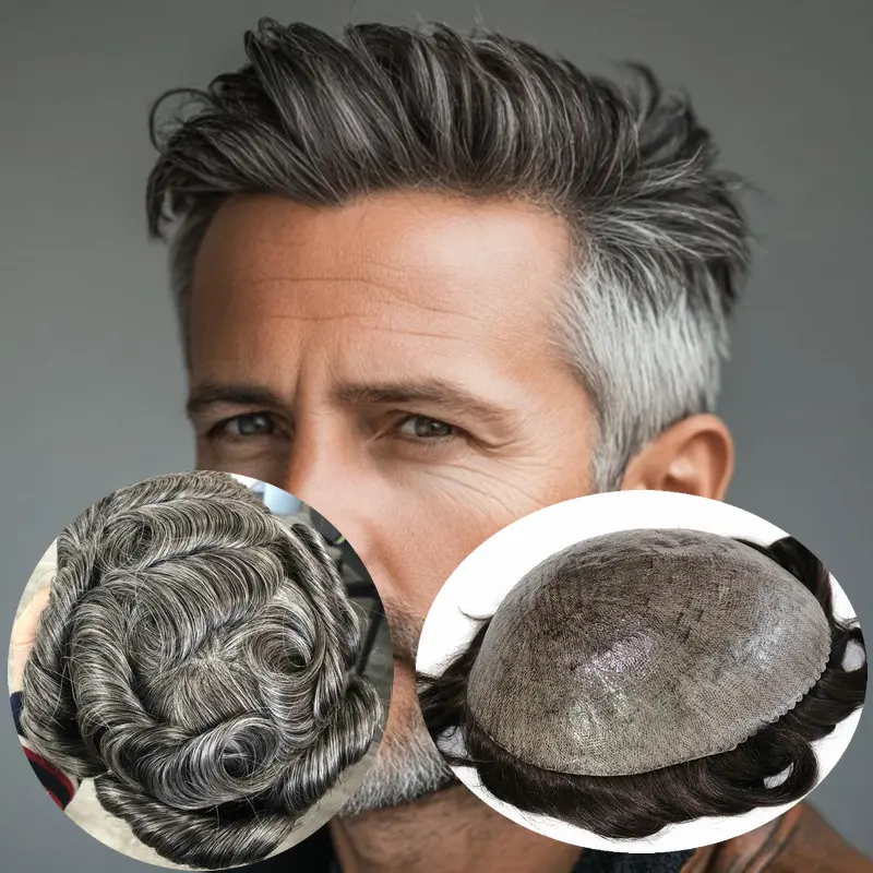 1b40 1b80 رمادي أسود براون الشعر المستعار الباروكات الشعر البشري للرجال 0.1 مللي متر رقيقة الجلد قاعدة الرجال الشعرية الاصطناعية لينة نظام الشعر الرجال #2
