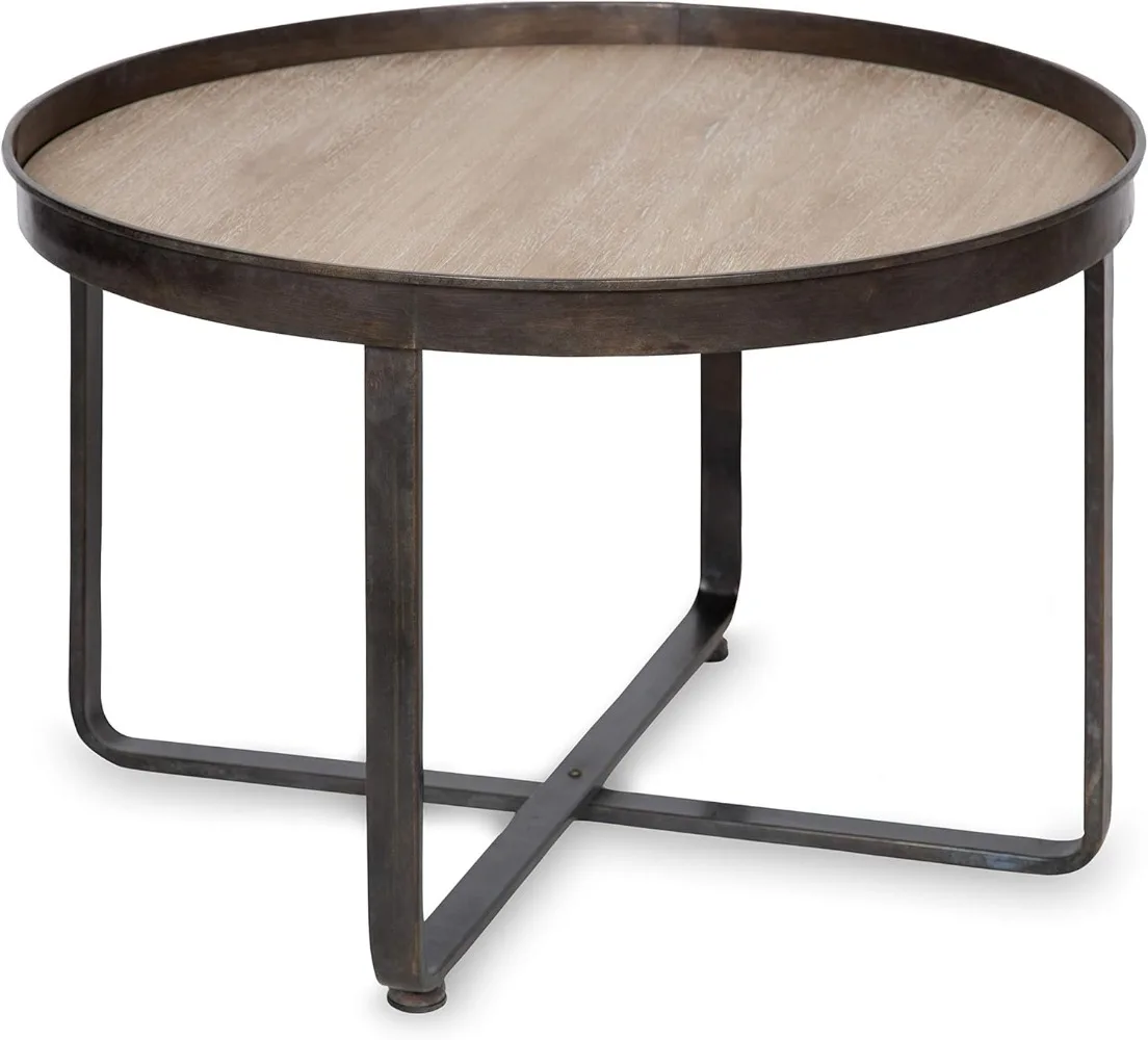 

Modern Farmhouse Round Coffee Table with Black Wrought-Iron Criss Cross Base and White Oak Finished Wooden Insert