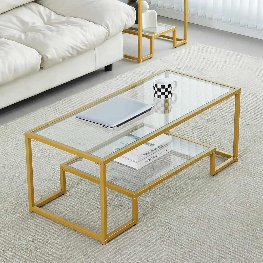 Goldener Metallglas-Couch tisch-zweistufig mit gehärtetem Glas, stilvoller Metallrahmen-Couch tisch für Schlafzimmer, Esszimmer