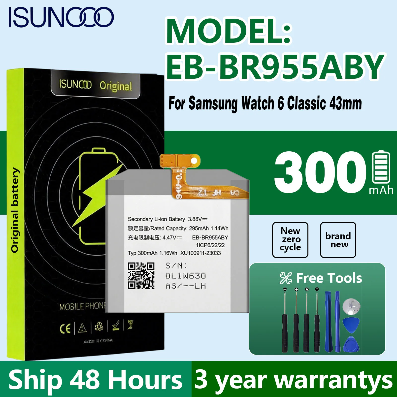 100% 300mAh  New EB-BR955ABY Battery For Samsung Watch 6 Classic 43mm Replacement Bateria+Free Tools