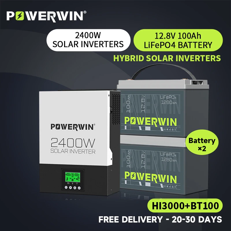 

POWERWIN BT100 LifePO4 12V 100Ah/1280Wh HI3000 Hybrid Solar Inverter 2400W 24V 80A MPPT Off-grid LCD 12V Battery Pure Sine Wave