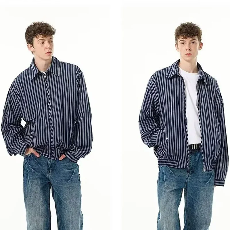 New temperament autumn high-end men's fashion short striped jacket men's lapel zipper casual loose pilot jacket men's top