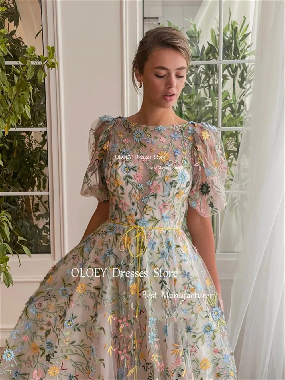 OLOEY Exquisite Embroidery Lace Floral Evening Dress O Neck Photoshoot Short Sleeves Wedding Party Gown Sashes Custom Made