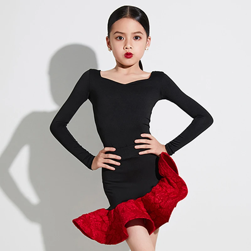 

Girls Latin Dance Costume Long Sleeves Black Dress Red Skirt Cha Cha Rumba Performance Clothes Practice Training Dress DNV19151