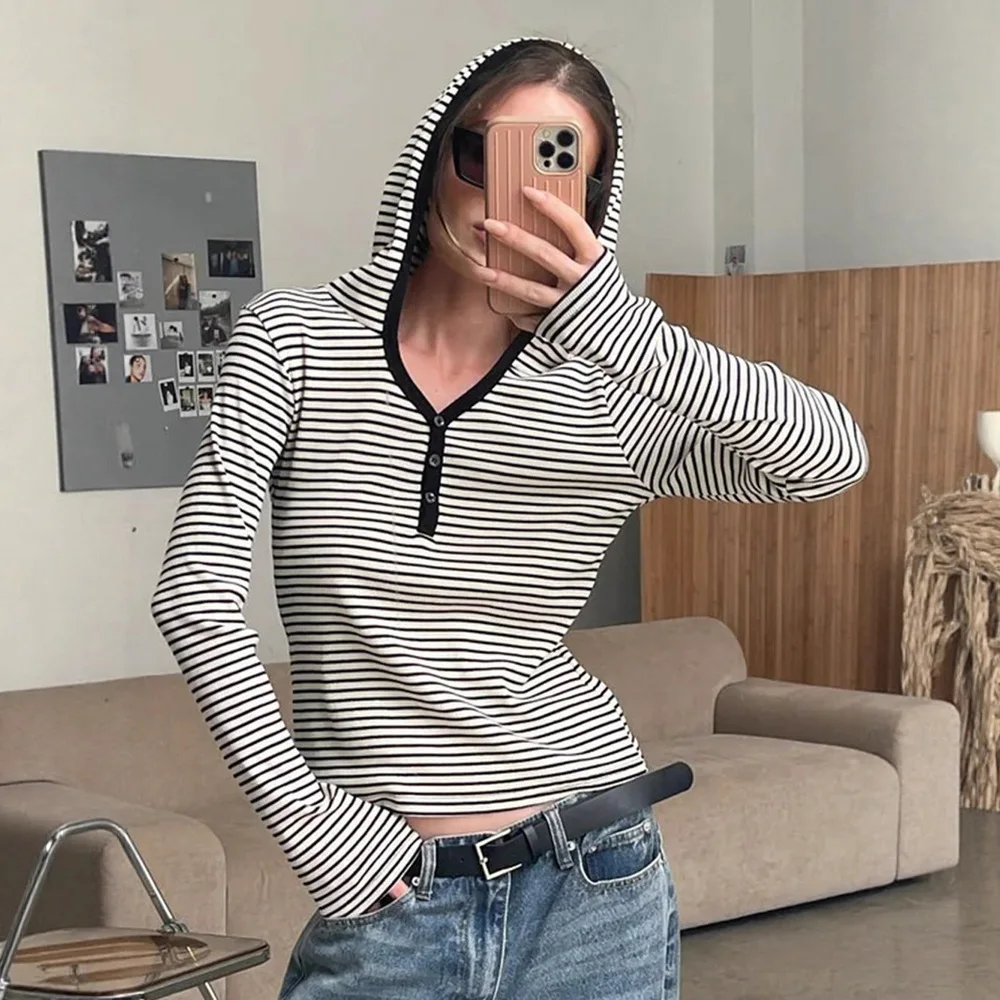 Women Striped Hooded Tee Tops Y2k Streetwear Casual Blouse Spring Summer T Shirts Hoodies