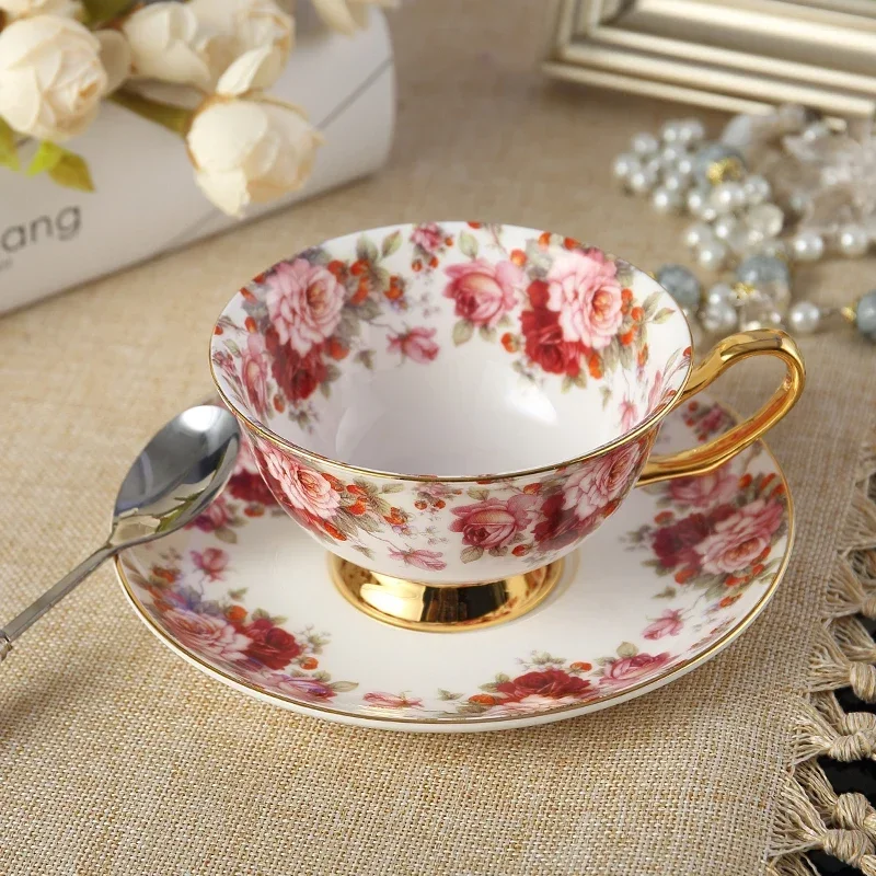 Bone China Coffee Cup and Saucer Set, European Luxurious Porcelain Drinkware, Household Office Ceramic Flower Tea Mug with Tray