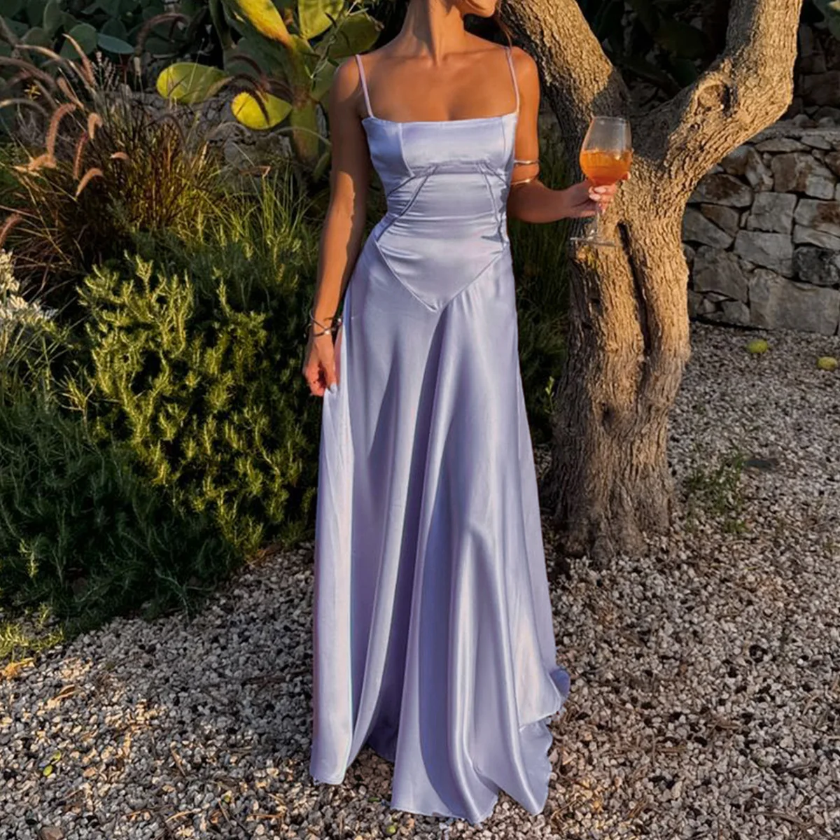 

Elegant Satin Long Dress Evening Gown Women's Square Neck Sexy Suspender Backless Dress 2025 New Fashion Ball Party Evening Gown