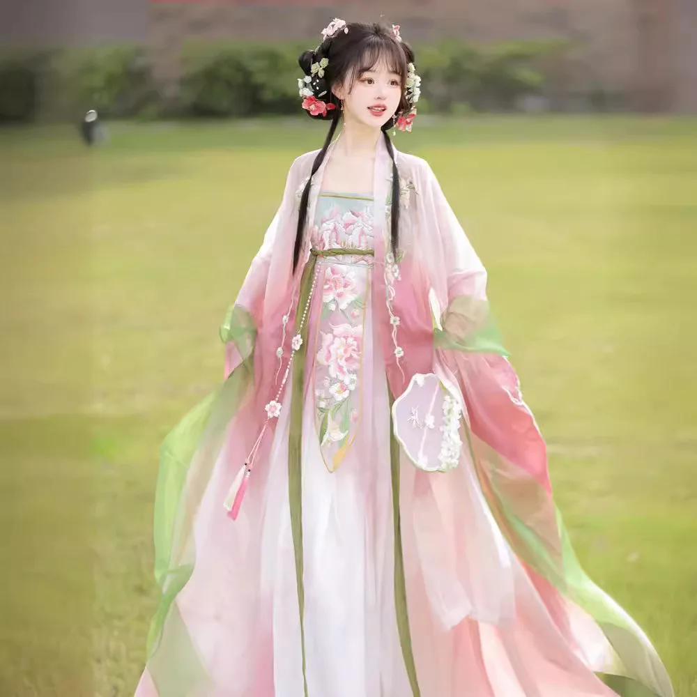 Jupe Cheoko tachée par broderie à la machine pour femmes, style adulte rose, vêtements chinois Han, Hanfu, printemps et été