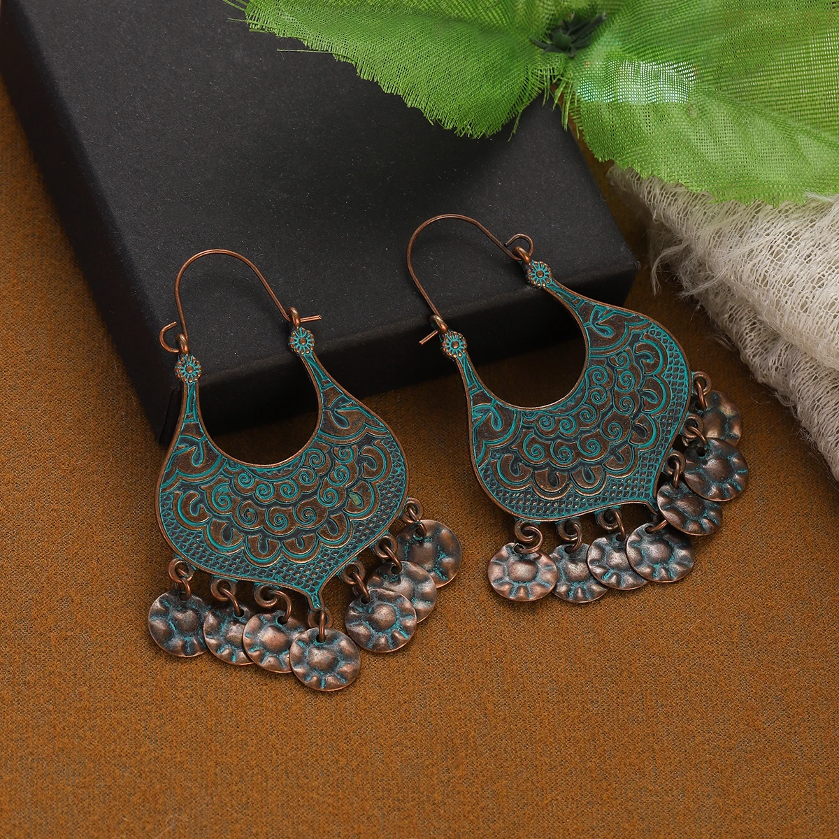 Bronze Ethnic Earrings Vintage Antique Geometric Pattern Carved Drop Earrings for Women Hollow Indian Jewellery Brincos