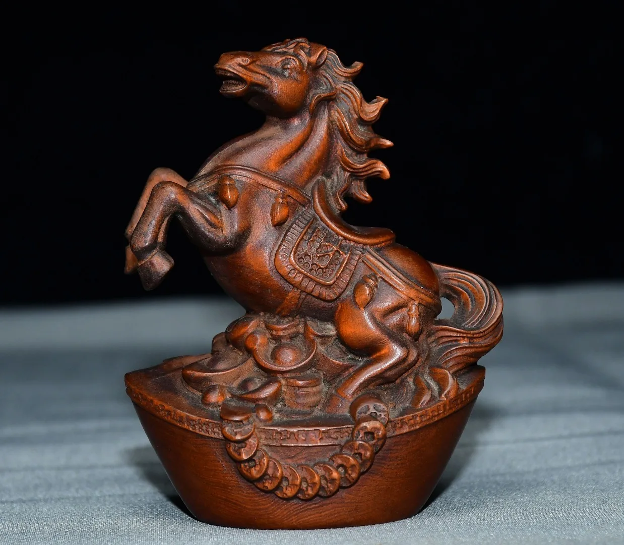 Chinese Figures Statue Wooden Horse Figurine Solid Wood Carved Ingot Coin Style Feng Shui Prosperity Wealth Fortune Success