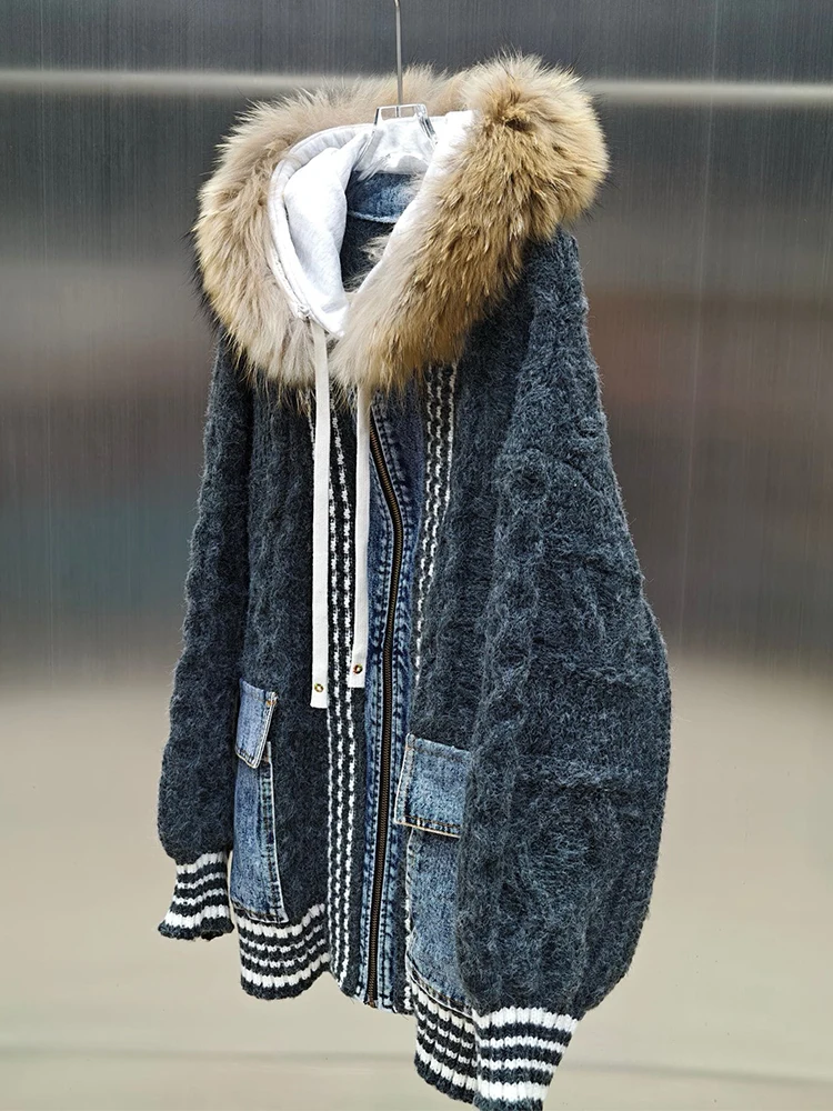 2025 Women Winter Luxury Real Raccoon Fur Collar Hoodie Knitting Thick Denim Cloth Joint Sweater Hooded Zipper Coat