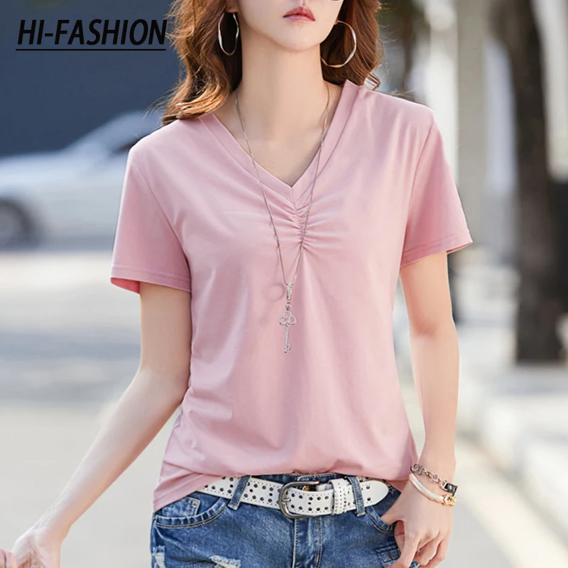 HI-FASHION Summer V-Neck T-shirt Women Sexy Short Sleeved Loose Tops Tees Spring Korean New Femal Plus Size T Shirt Top