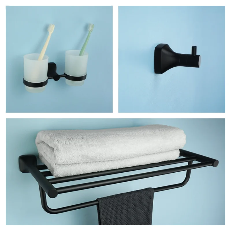 Matzwarte badkameraccessoires set wandmontage roestvrijstalen kledinghaak toiletrolhouder handdoekstang hardware hanger