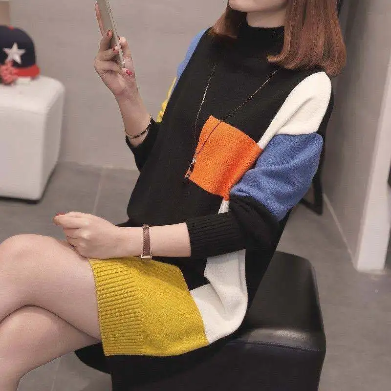 Fashion Turtleneck Spliced Loose Color Casual Dresses Women's Clothing 2023 Winter New Mini Dress