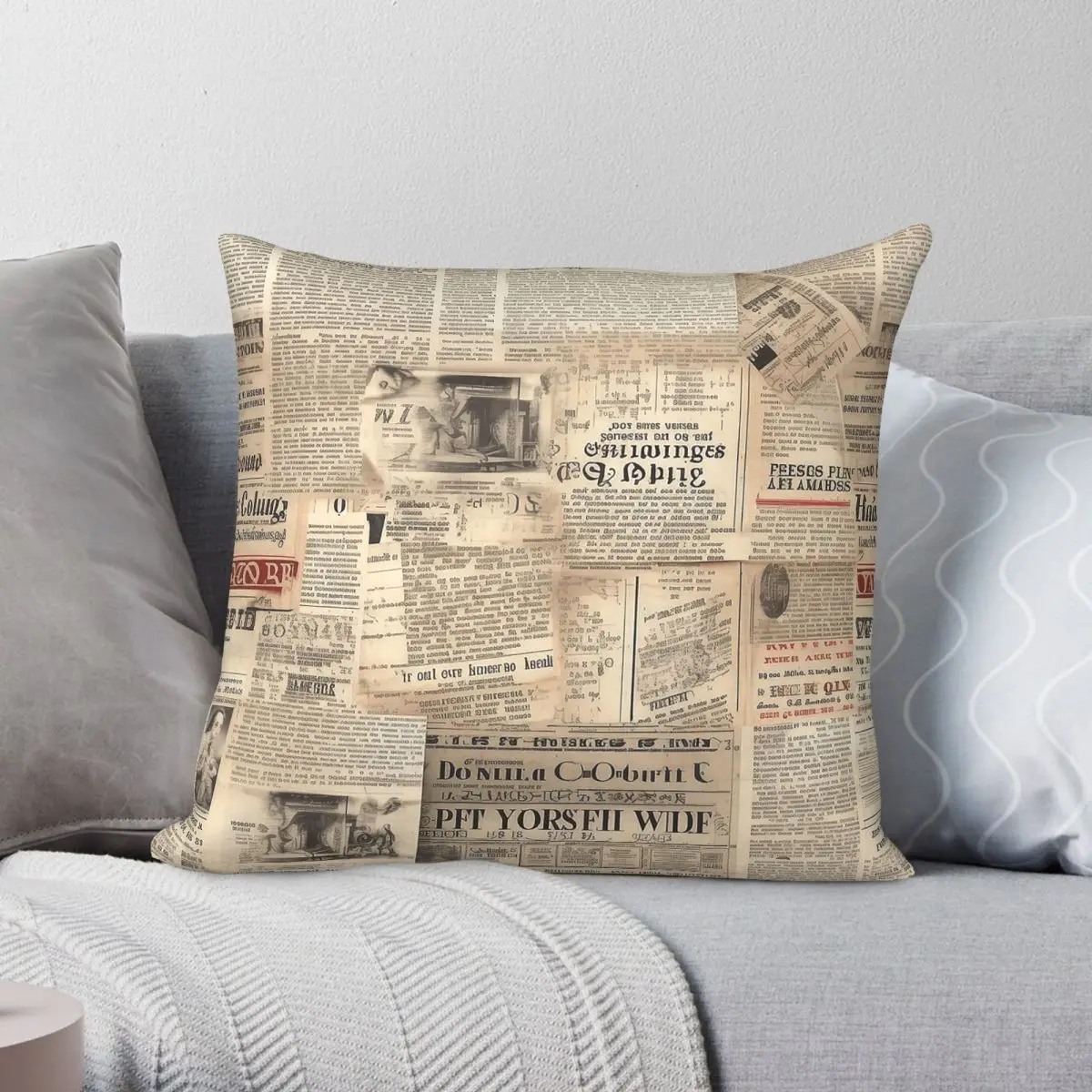 Junk Journal Vintage Newsprint Pillowcase Polyester Linen Velvet Pattern Zip Decor Room Cushion Cover