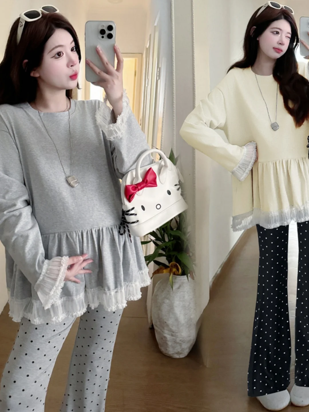 pregnant-women-lace-splicing-polka-dot-belly-support-pants-set-spring-autumn-fashion-casual-cotton-maternity-wear