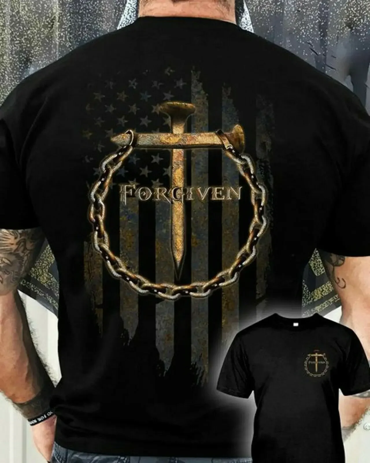 

Unique Cross Nail Chain Jesus Forgiven Flag T-Shirt 100% Cotton O-Neck Short Sleeve Summer Casual Mens T-shirt Streetwear