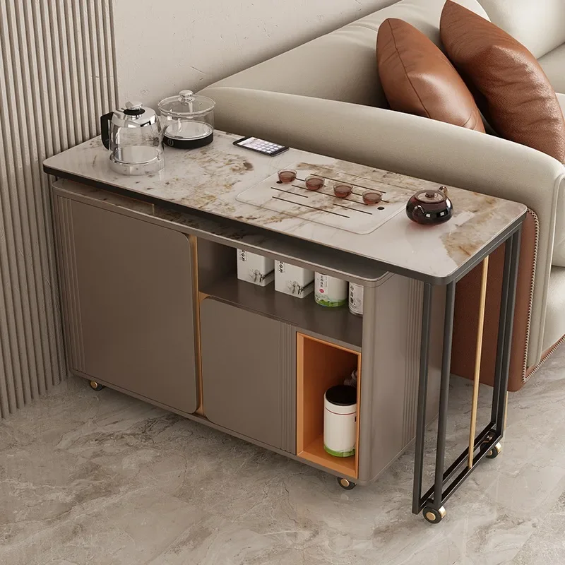 Balcony movable rock slab tea table household kettle integrated tea table with wheeled coffee table light luxury small tea cart