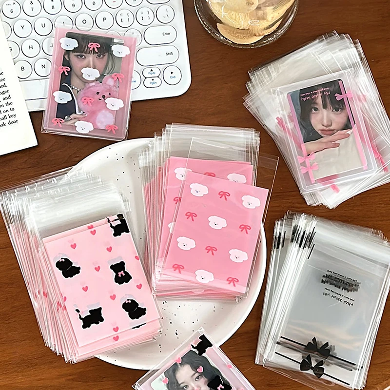 50Pcs Transparent Cute Bow Self-adhesive Opp Bag Kpop Idol Photo Cards Protective Storage Bag Photocard Card Sleeves