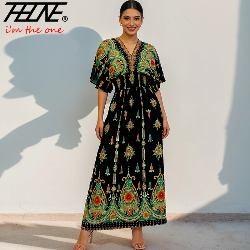 Boho Floral Maxi Dress Women V-Neck Beach Summer Dress