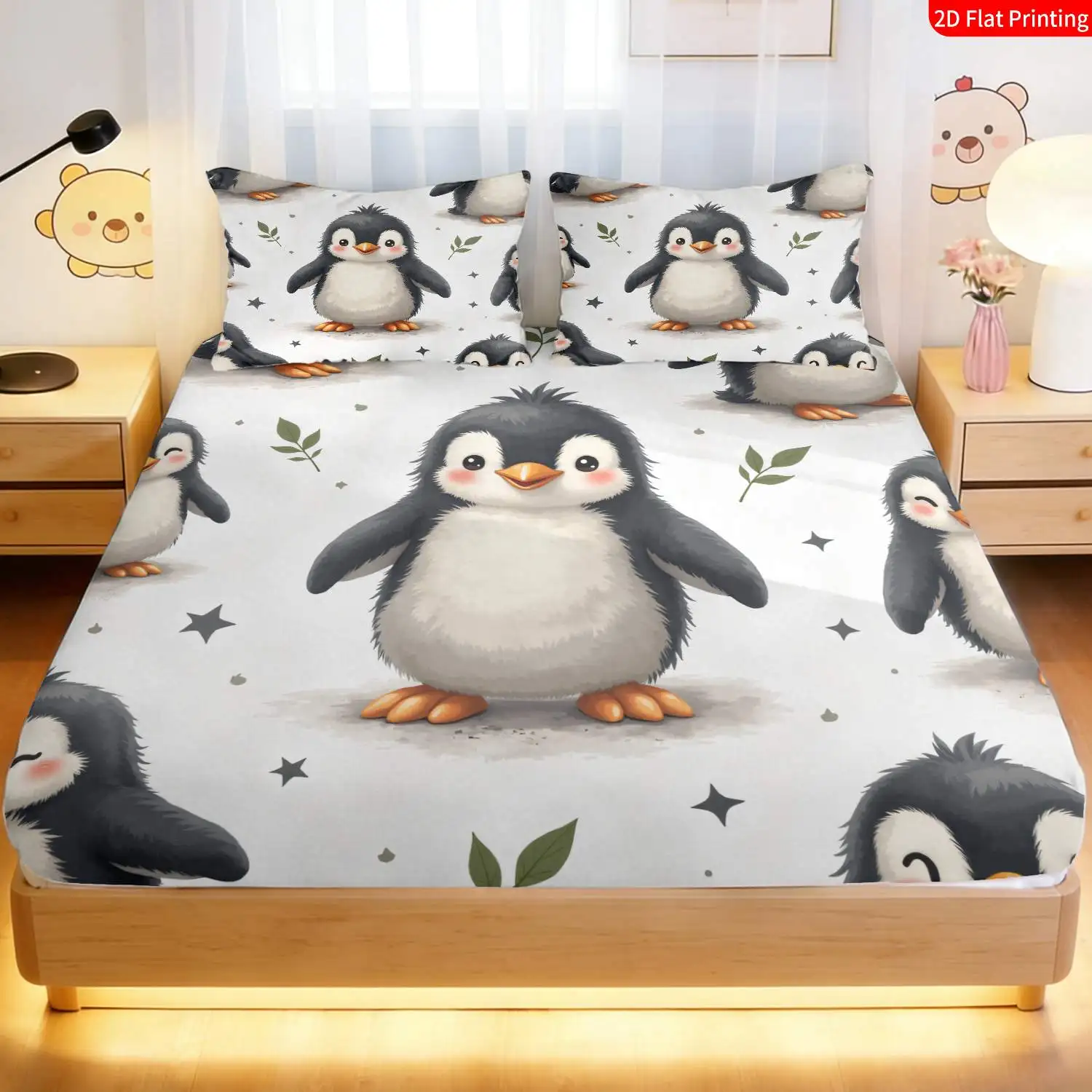 Printed fitted sheet, cute animal penguin digital print fitted sheet set, bedding (includes 1 fitted sheet + 2 pillowcases), large-capacity deep pocket 2D printed fitted sheet and 2 pillowcases, mattress protector, fitted elastic style, protective cover, mattress protector, suitable for all seasons, machine washable design, holiday decoration, various sizes, breathable protective cover with pillowcases